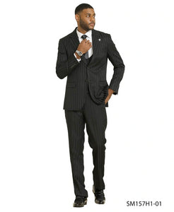 Men’s Black Pinstripe 3 Piece Suit – Vested Formal Business Suit for Wedding, Office, Prom and Party Wear