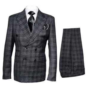 Men’s Charcoal Plaid Double-Breasted Suit –  Tailored Pants Windowpane Pattern By Rossiman