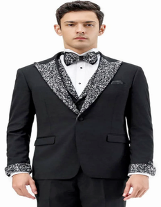 Mens Black and White Lapel Tuxedo Suit – Black Formal Tuxedo with White Pattern Lapel for Wedding, Prom and Evening Events