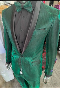 Men's Emerald Green Shiny Tuxedo with Black Satin Lapel and Matching Bow Tie – Ultra Slim Fit
