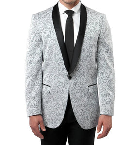Men’s Silver and Black Floral Blazer – Elegant Formal Tuxedo Style Blazer Jacket for Wedding, Party, Prom and Evening Wear
