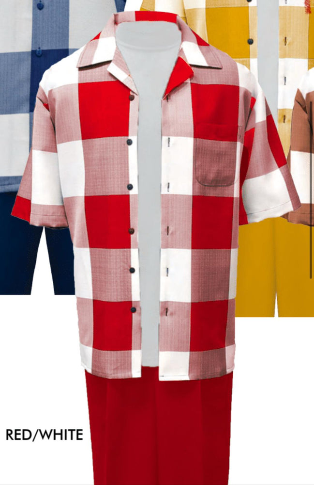 Mens Red and White Checkered Short Sleeve Shirt Set – Casual Two-Piece Summer Outfit