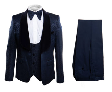 Men’s Navy Blue Jacquard Tuxedo with Black Velvet Shawl Lapel – 3 Piece Formal Suit with Bow Tie