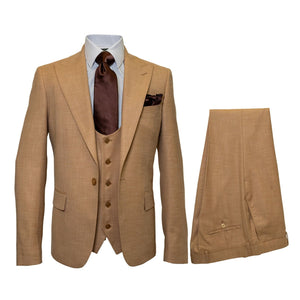 Men's Tan Three-Piece Suit with Vest – Classic Tailored Fit  in camel khaki Bronze color By Rossiman