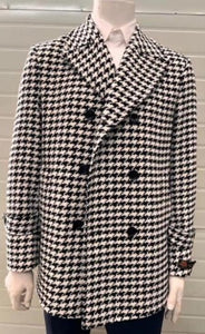 Mens Houndstooth Double-Breasted Overcoats – Classic Black and White Wool Blend Peacoat Wool Fabric
