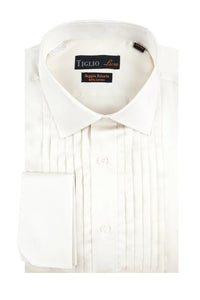 Men’s Ivory Cream Off White  Pleated Tuxedo Dress Shirt | French Cuff Formal Wedding Shirt