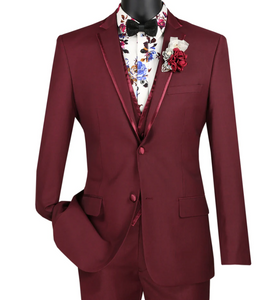 Men’s Burgundy Western Tuxedo Suit, 3 Piece Cowboy Formal Wedding Prom Suit with Satin Trim