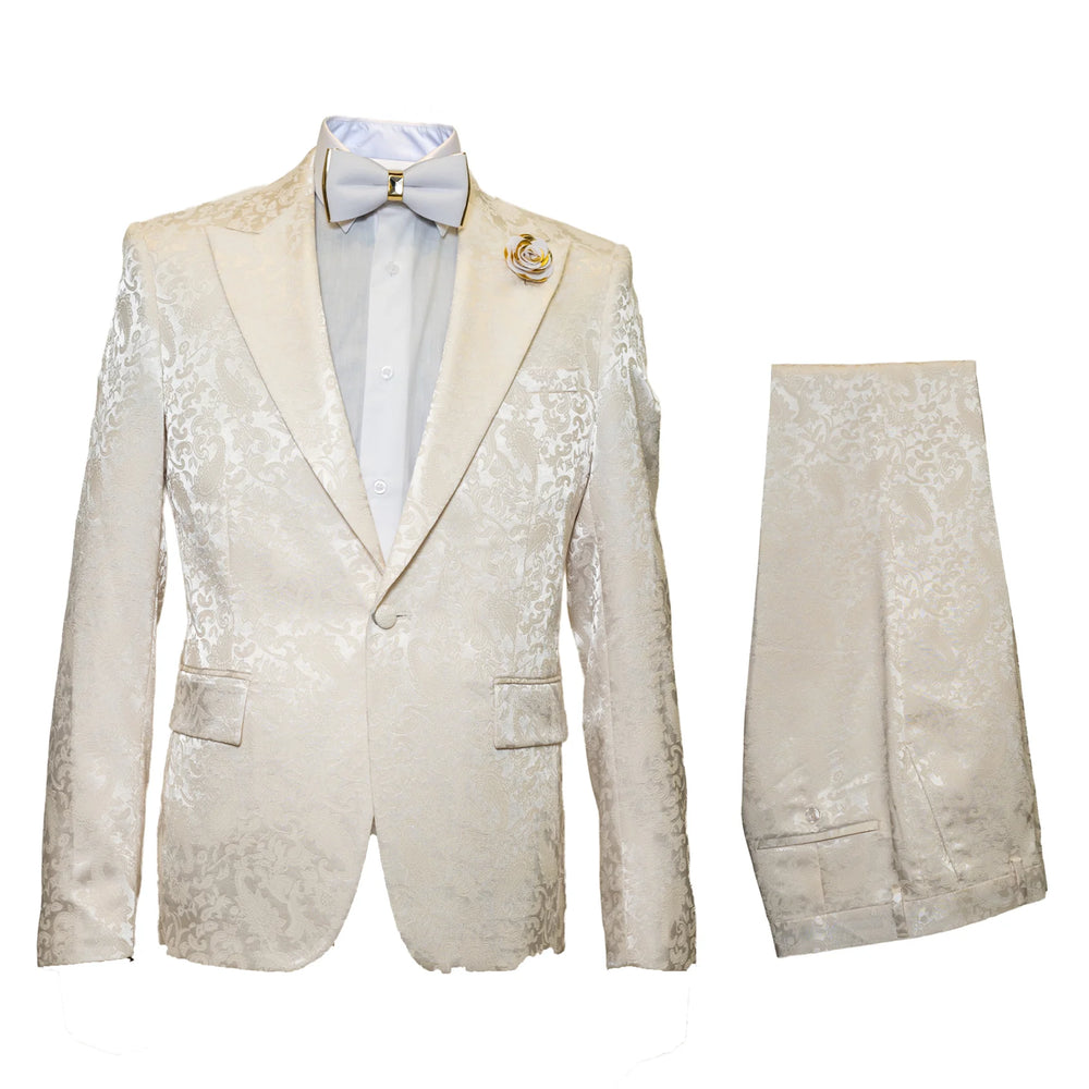 Men’s Champaign Ivory  Jacquard Paisley Tuxedo Suit with Satin Shawl Lapel – Elegant Wedding and Prom Outfit By Rossiman