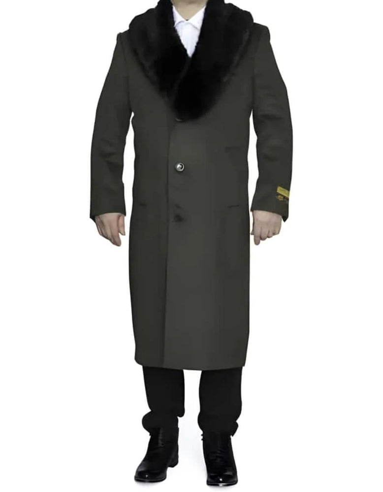 Mens Full Length Olive Overcoat with Black Fur Collar – Luxury Wool Fabric Winter Long Coat in Hunter Green