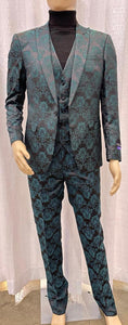 Men’s Emerald Green Floral Jacquard 3-Piece Tuxedo Suit – Slim Fit Formal Set with Blazer, Vest, and Pants Paisley Fabric - Ultra slim fitted