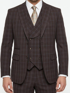 Men’s Vitali 3PC Suit – Choclate Brown and blue Plaid Check 3-Piece Suit with Double-Breasted Vest Modern Fit Side Vented