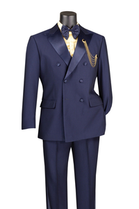 Men’s Navy Blue Double-Breasted Tuxedo with navy Satin Peak Lapel Wedding Suit