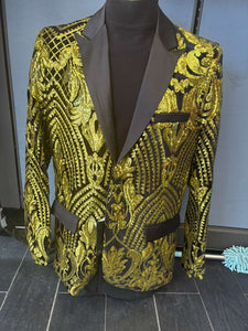 Mens Black and Gold Pattern Blazer – Gold Floral Luxury Formal Blazer Jacket for Prom, Wedding and Party Slim Fitted