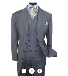Men’s Grey 4-Button Zoot Suit – Four Buttons 3-Piece Fashion Suit with Double-Breasted Vest and Pleated Pants