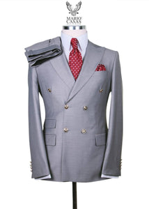Mens Light Grey Double-Breasted Suit – Classic Slim Fit Business and Wedding Formal Attire