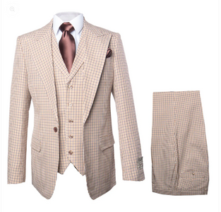 Men’s Beige tan Checkered Three Piece Suit with Classic Fit Wide Leg Pleated Pants by Rossiman khaki color