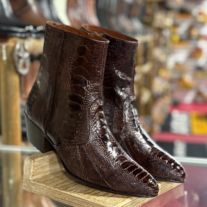 Men’s Brown Cuban Heel Boots – Exotic Ostrich Leg & Ostrich Quill Pointed Toe Dress Boots By Los Altos