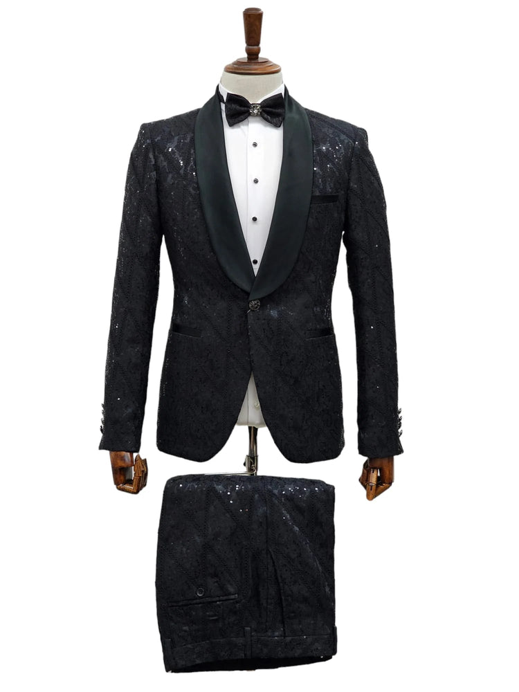Black Sequin Tuxedo Suit with Satin Shawl Lapel – Mens Slim Fit Formal Prom and Wedding Attire