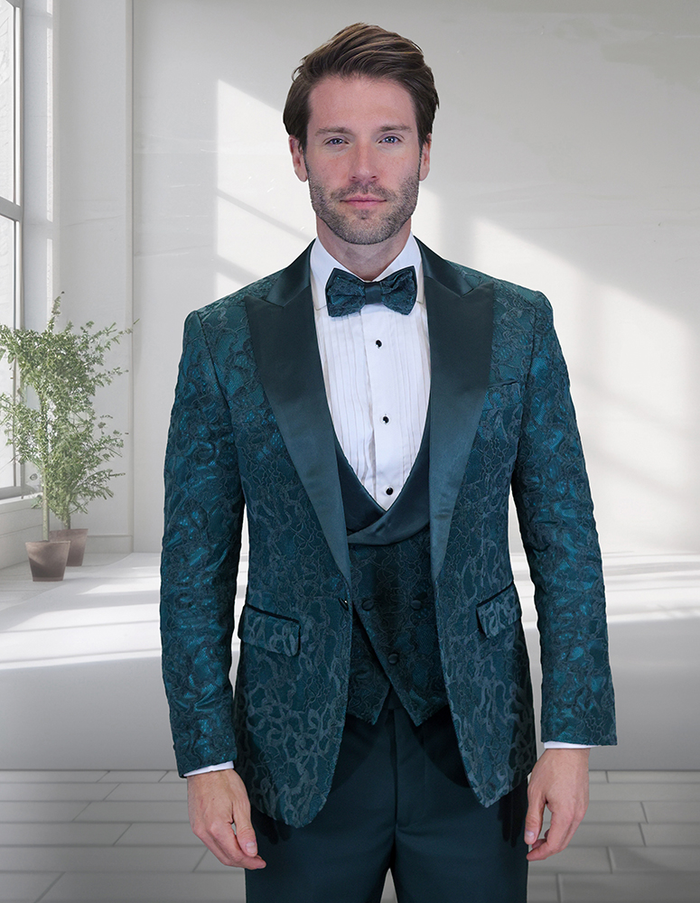 Men’s Hunter Green Paisley Tuxedo – 3 Piece Prom & Wedding Suit with Matching Bow Tie