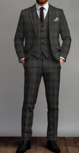 Men's Thomas Shelby Dark Grey Plaid 3-Piece Suit – Peaky Blinders 1920s Vintage Tweed-Style Wedding Suit with Matching Vest & Pants