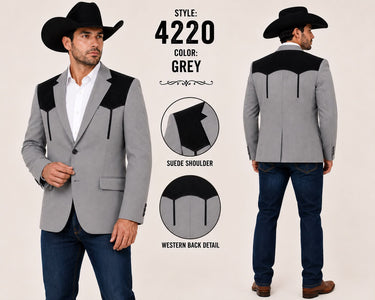 Men’s Grey Western Blazer with Black Suede Yoke – Cowboy Sport Coat for Rodeo, Country Wedding & Ranch Wear