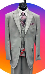 Men’s Light Gray 3 Piece Suit – Ice Silver Gray Formal Suit Set with Vest, Patterned Lapel and Tie for Wedding, Prom and Business Events