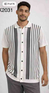 Mens White and Charcoal Gray Stripe Walking Suit Set – Short Sleeve Button Shirt and Pants Casual Summer Outfit for Travel, Vacation and Everyday Wear