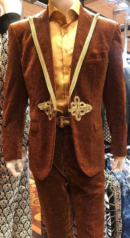 Mens Bronze Shiny Velvet Suit – Designer Party and Wedding Wear Blazer and Pant Set Brown and Gold Tuxedo