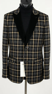 Mens Tartan Black and Gold Check Blazer – Windowpane Plaid Sport Coat Velvet Lapel Formal Party Jacket Chirsitmas New Year Holiday Jacket