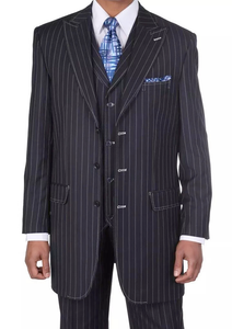 Men’s Three Button Suits -  Navy Blue Pinstripe Three-Piece Suit – Classic Business and Formal Wear with Tailored Fit