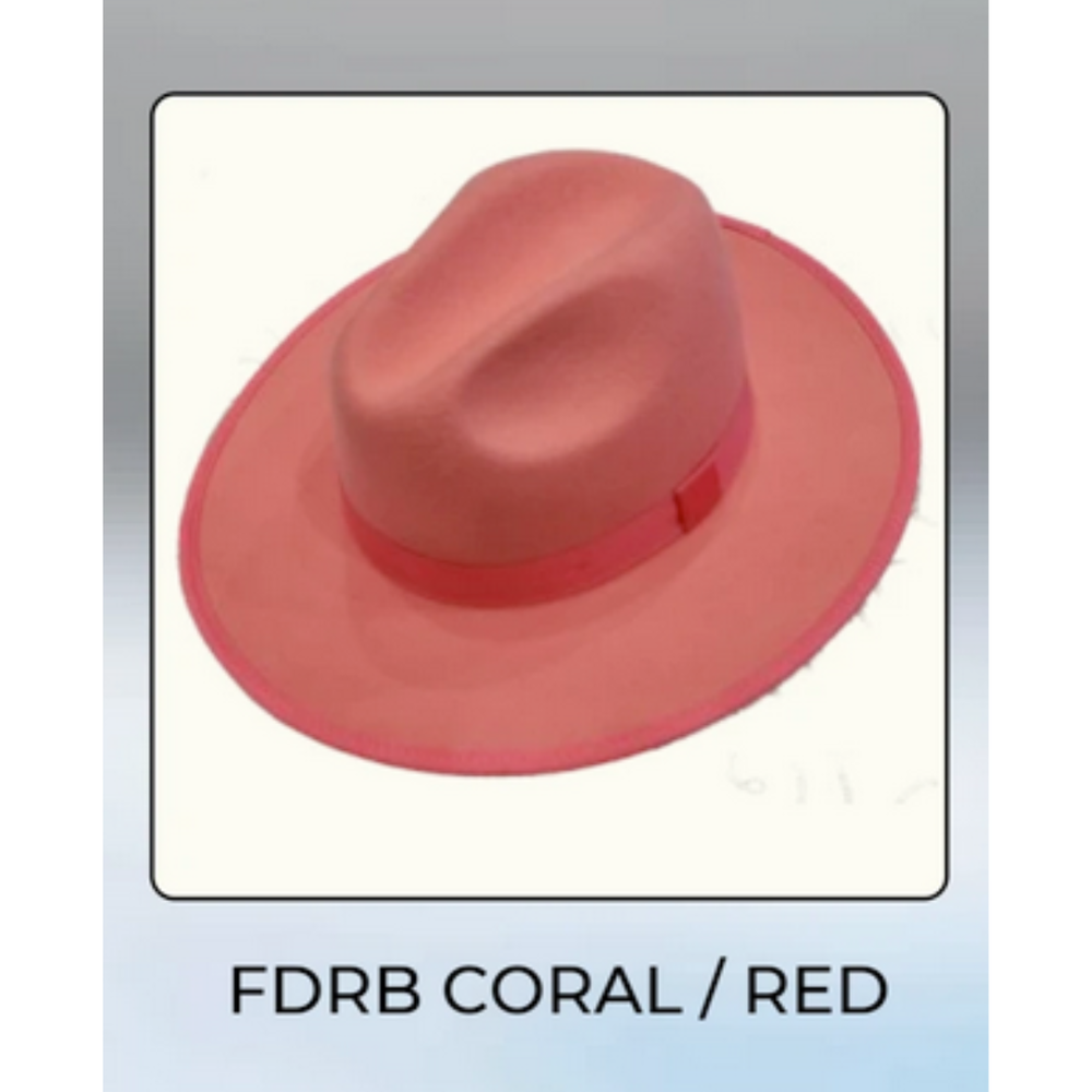 Men’s Coral Pink Wide Brim Fedora Hat – Wool Felt Dress Hat with Red Ribbon Band