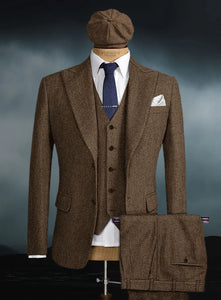 Men’s Thomas Shelby Inspired Brown Herringbone Tweed 3 Piece Suit – Peaky Blinders 1920s Vintage Suit