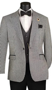 Men’s Black and White Houndstooth Gatsby Inspired Suit – Vintage Style Formal Suit for Wedding, Prom and Classic Events Blazer + Black vest + Black Pants