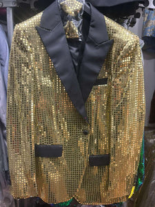 Mens Gold Sequin Blazer with Black Satin Lapel – Gold Formal Party Blazer Jacket for Prom, Wedding and Stage Events