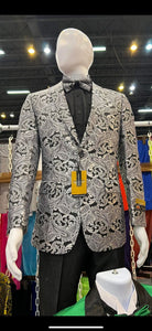 Men’s Black and Silver Paisley Tuxedo Jacket – Slim Fit Dinner Blazer with Matching Bow Tie with Black Pants