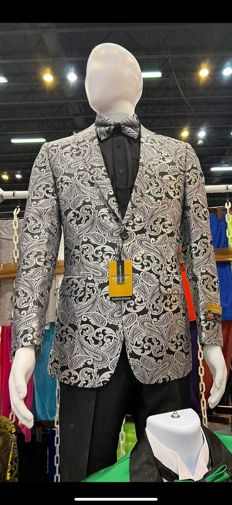 Men’s Black and Silver Paisley Tuxedo Jacket – Slim Fit Dinner Blazer with Matching Bow Tie with Black Pants