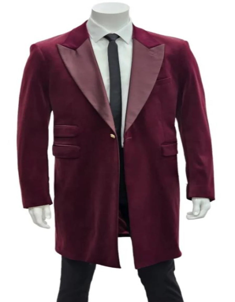 Men’s Burgundy Tuxedo in  Velvet  Long Blazer – Victorian Cutaway Tuxedo Suit 1920s Gangster Style Long Jacket with Black Pants