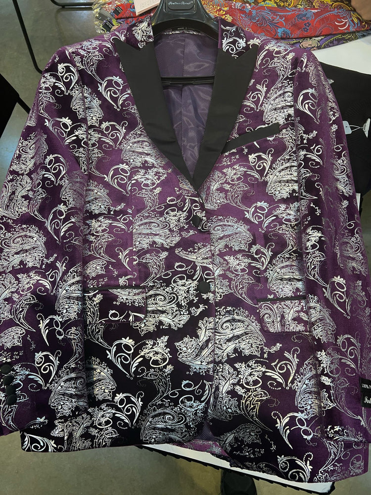Mens Purple and White Paisley Floral Brocade Tuxedo Jacket - Suit with Satin Lapel Wtih Black Pants