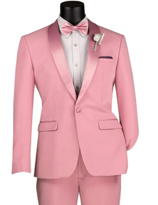Mens Dusty Rose Pink Summer Tuxedo – Satin Shawl Lapel Formal Wedding Prom Suit