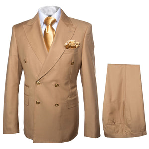 Mens Camel - Bronze - Goldish khaki Double-Breasted Suit – Luxury 2-Piece Formal Set with Gold Buttons and Peak Lapels by Rossi Man