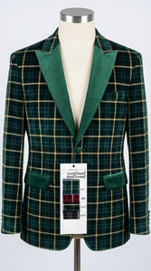 Mens Tartan Green and Gold Check Blazer – Windowpane Plaid Sport Coat Velvet Lapel Plaid Christmas Holiday New Year Jacket