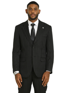 Men’s Black Tonal Shadow Pinstripe Vested Suit – 3 Piece Classic Fit Formal Wedding & Business Suit By Vitali