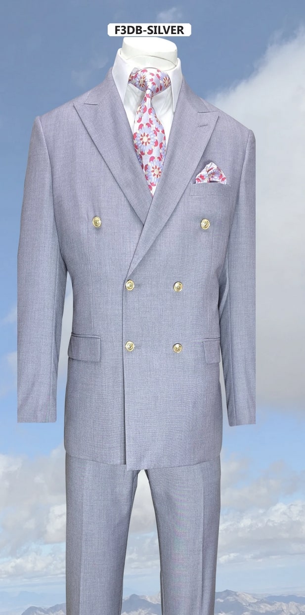 Mens Silver Grey Double-Breasted 3-Piece Suit – Classic Tailored Fit with Peak Lapel and Gold Buttons for Weddings, Church and Formal Events