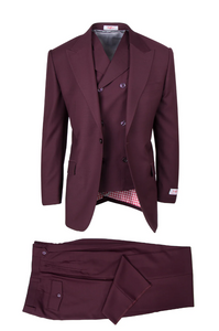 Tiglio Rosso Men’s Burgundy Wool Suit – Classic Fit Big Lapel Suit with Wide Leg Pleated Pants & Side Vents