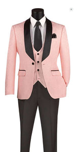 Men’s Blush Pink Tuxedo Suit Set with Black Shawl Lapel – 3 Piece Formal Wedding and Party Prom Vest + Black Pants