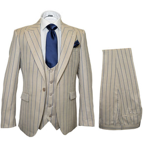 Men's Beige with blue Pinstripe Three-Piece Suit with Vest by Rossiman Vested Peak Lapel in Tan Stripe 1920s style