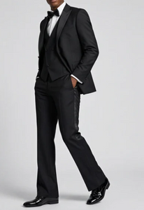Men’s Black Boot Cut 3-Piece Tuxedo Suit – Peak Lapel Wedding, Prom and Formal Suit 1970s Style