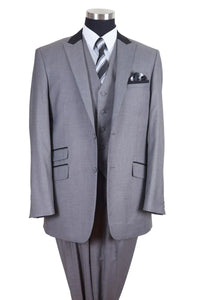 Men’s Light Gray Three Piece Suit with Black Chesterfield Collar  – Classic Formal Wedding and Business Suit Set 1920s Vintage