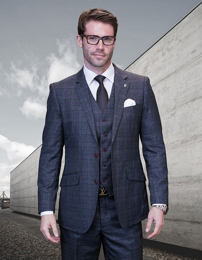 Statement Men's 3 Piece 100% Wool Modern Fit Suit - Plaid