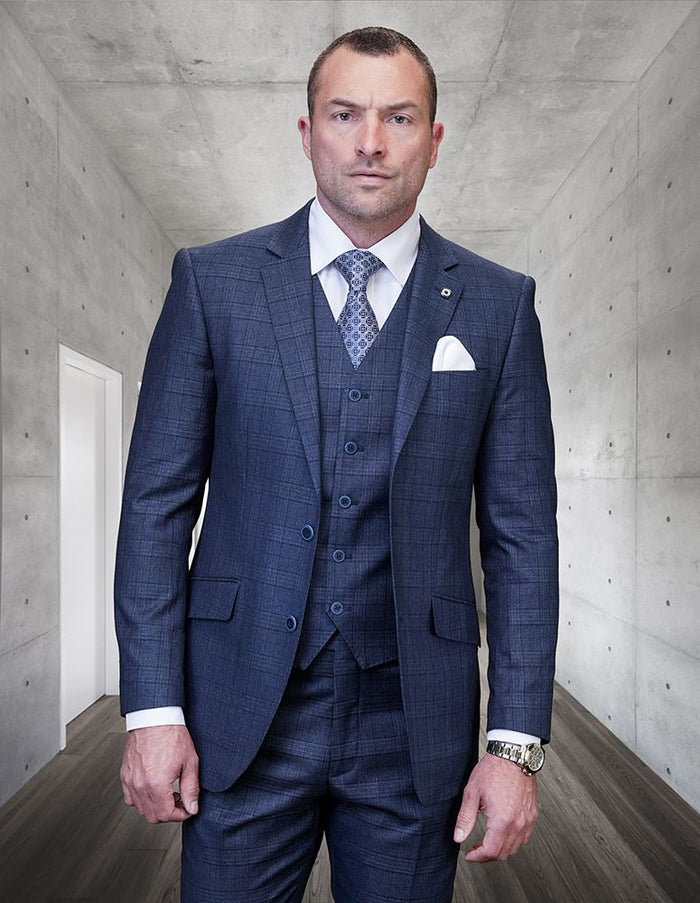Statement Men's 3 Piece 100% Wool Modern Fit Suit - Plaid